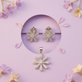Silvme 925 silver floral flower pendant and stud earrings with cubic zirconia, styled lifestyle image