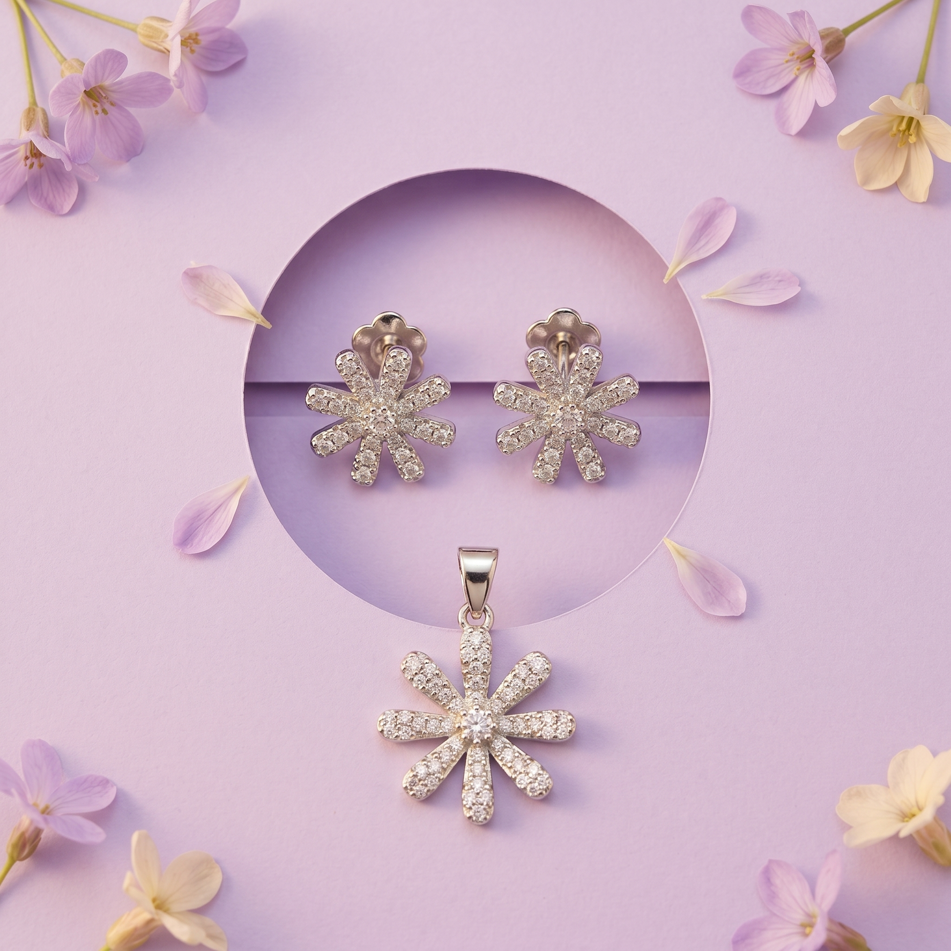 Silvme 925 silver floral flower pendant and stud earrings with cubic zirconia, styled lifestyle image