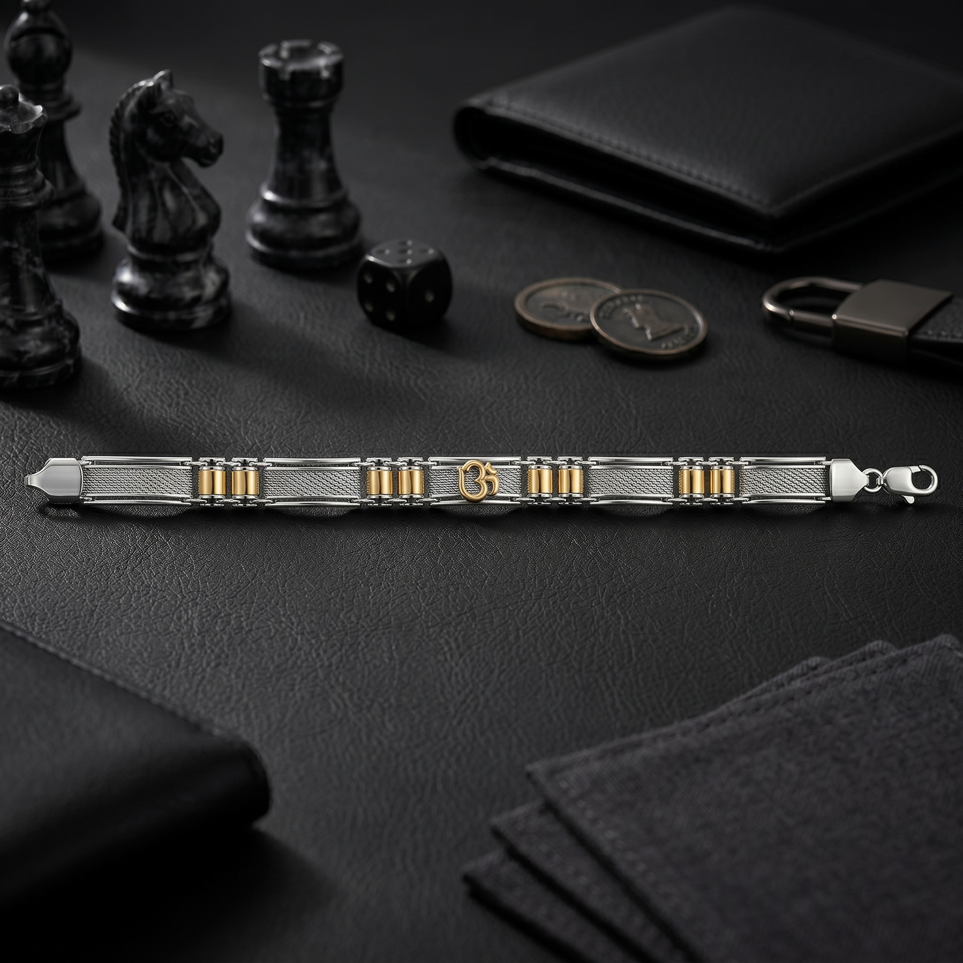 The two-tone bar link bracelet for men shown against a plain studio background