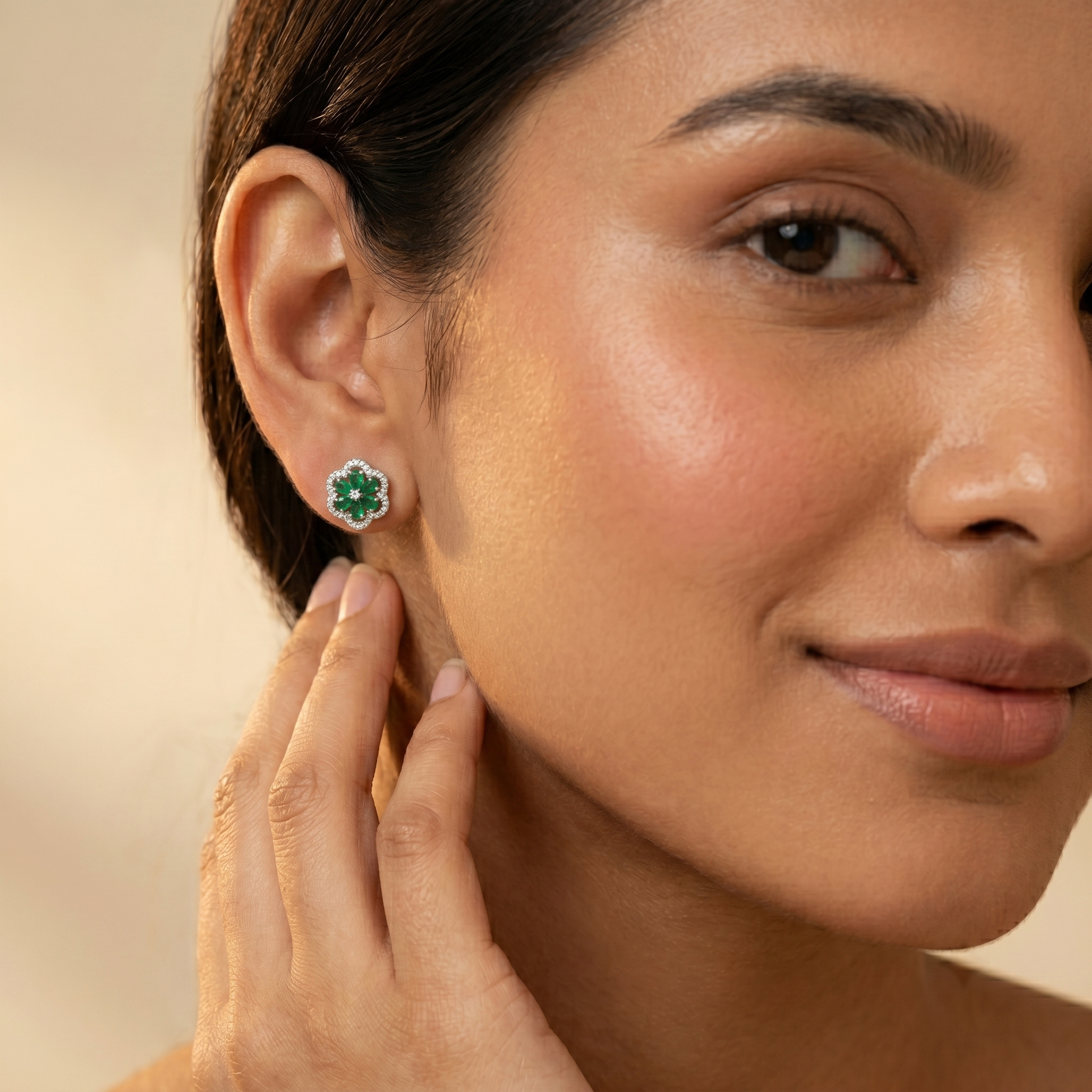 Green Four-Petal Floral Stud Earrings, additional product view 4