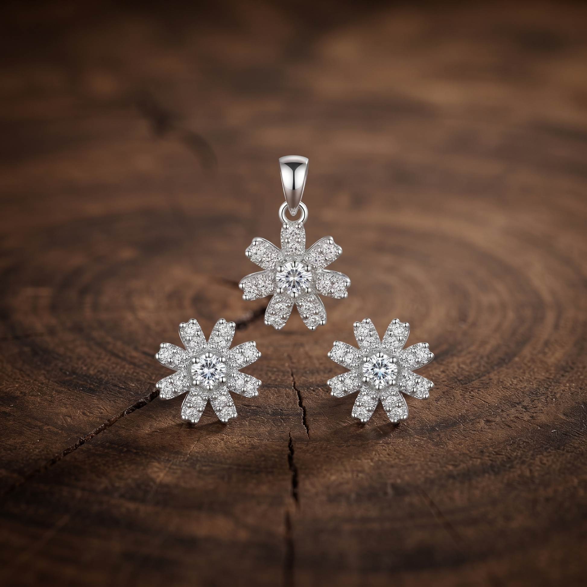 Silvme pure 925 sterling silver blossom flower pendant and stud earrings set with cubic zirconia, styled setting image
