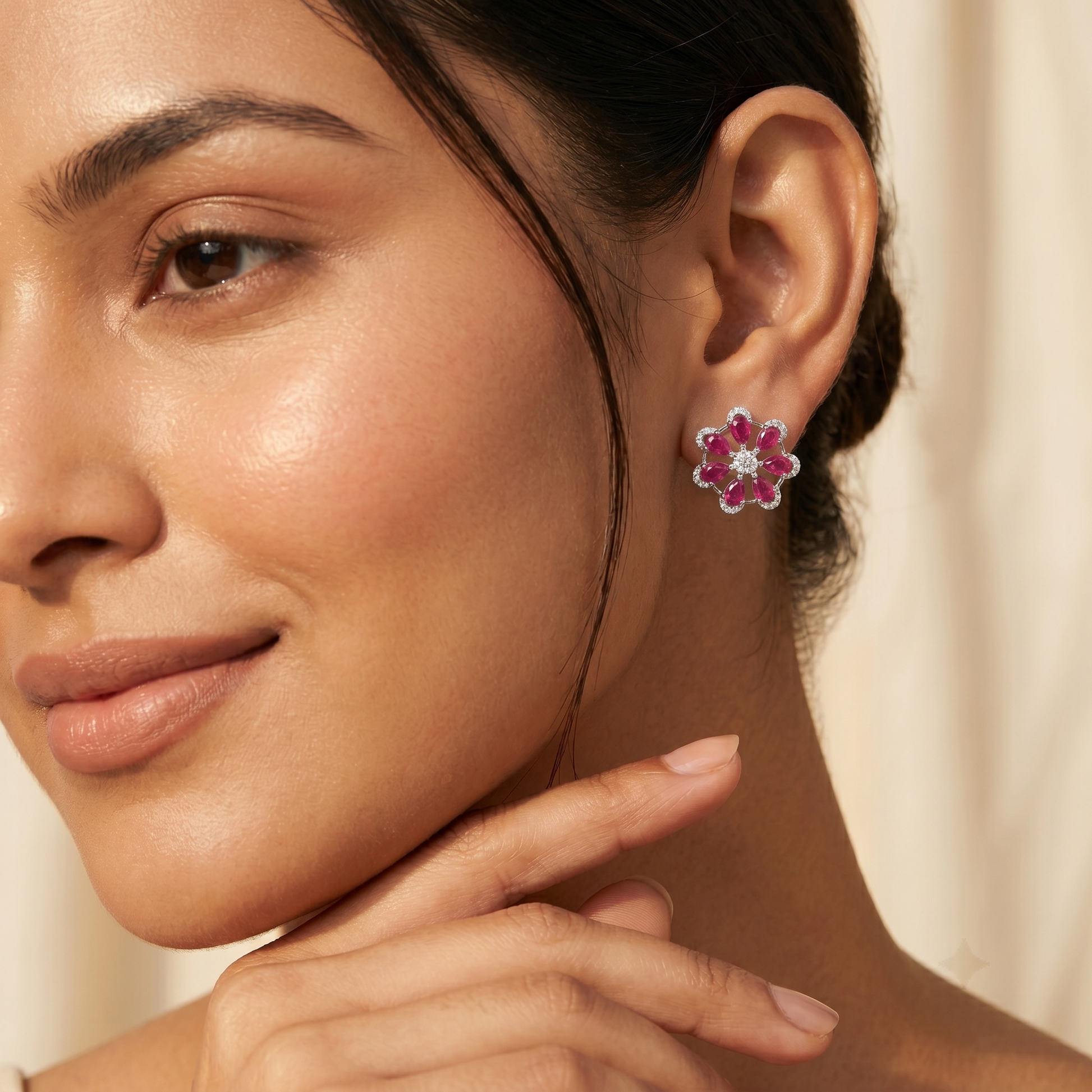 Pink-Centre Five-Petal Floral Stud Earrings, additional product view 5