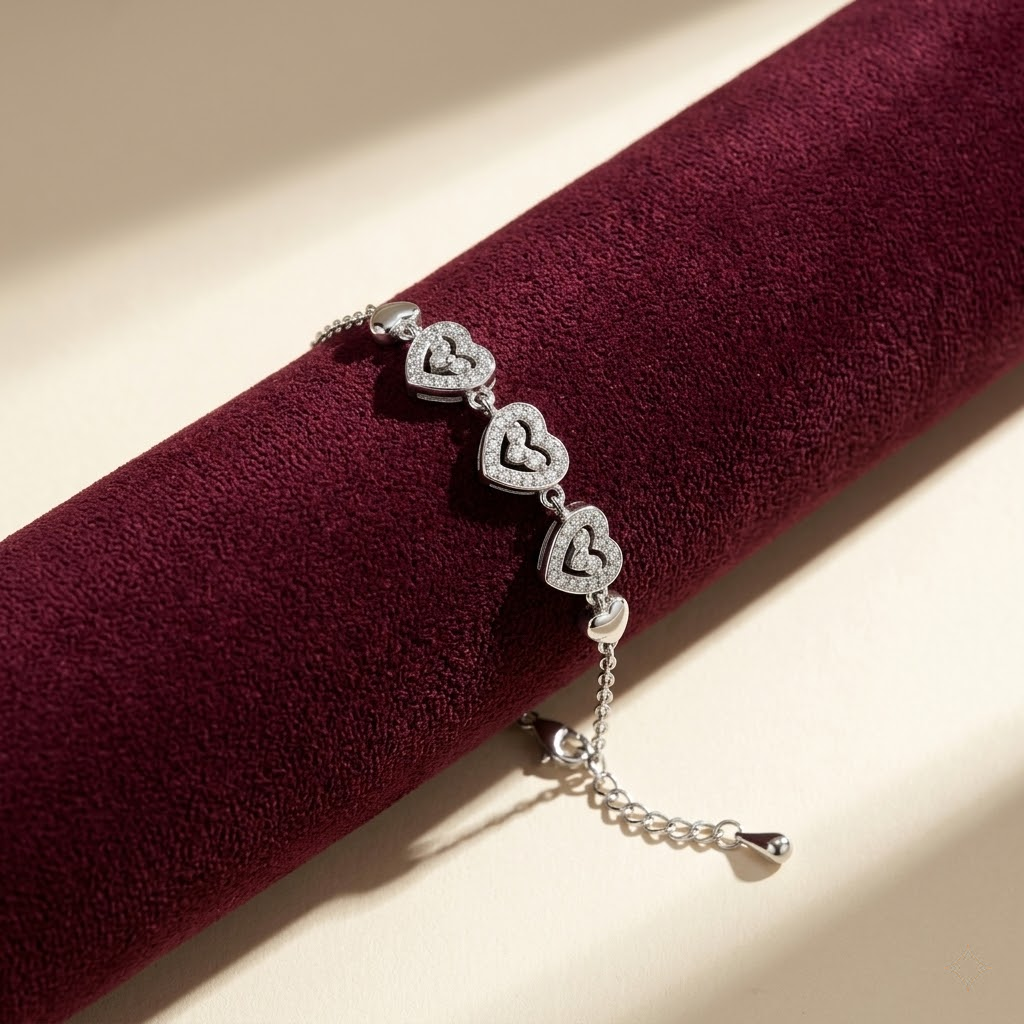 Adjustable Romantic Gift – the Silvme Triple Heart Pavé Charm Bracelet in 925 silver, ideal for office wear