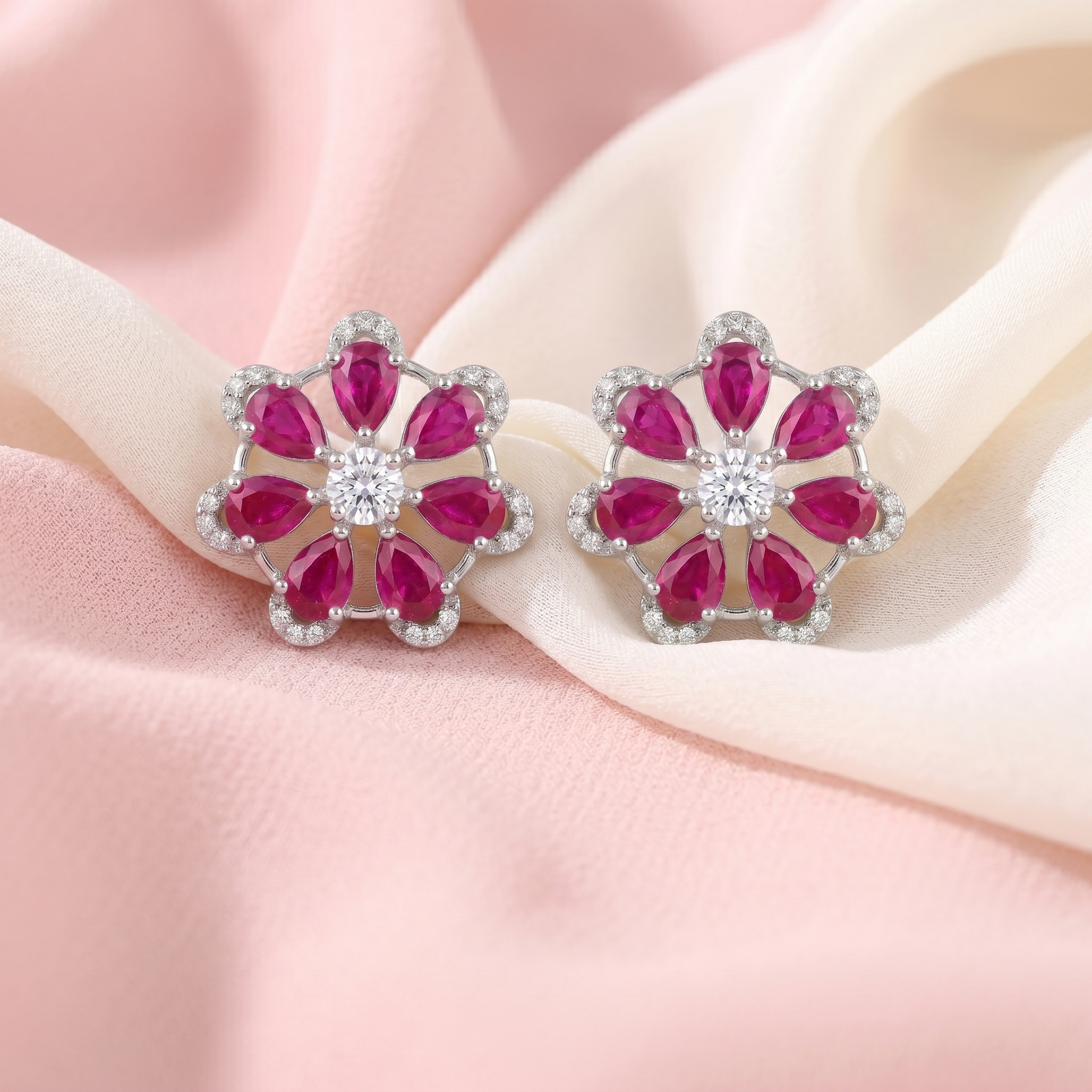Pink-Centre Five-Petal Floral Stud Earrings, close-up detail