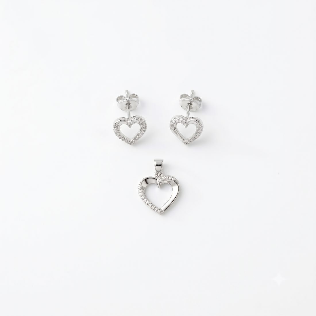Silvme pure 925 sterling silver dainty heart pendant and stud earrings set with cubic zirconia, front view on white background