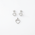Silvme pure 925 sterling silver dainty heart pendant and stud earrings set with cubic zirconia, front view on white background