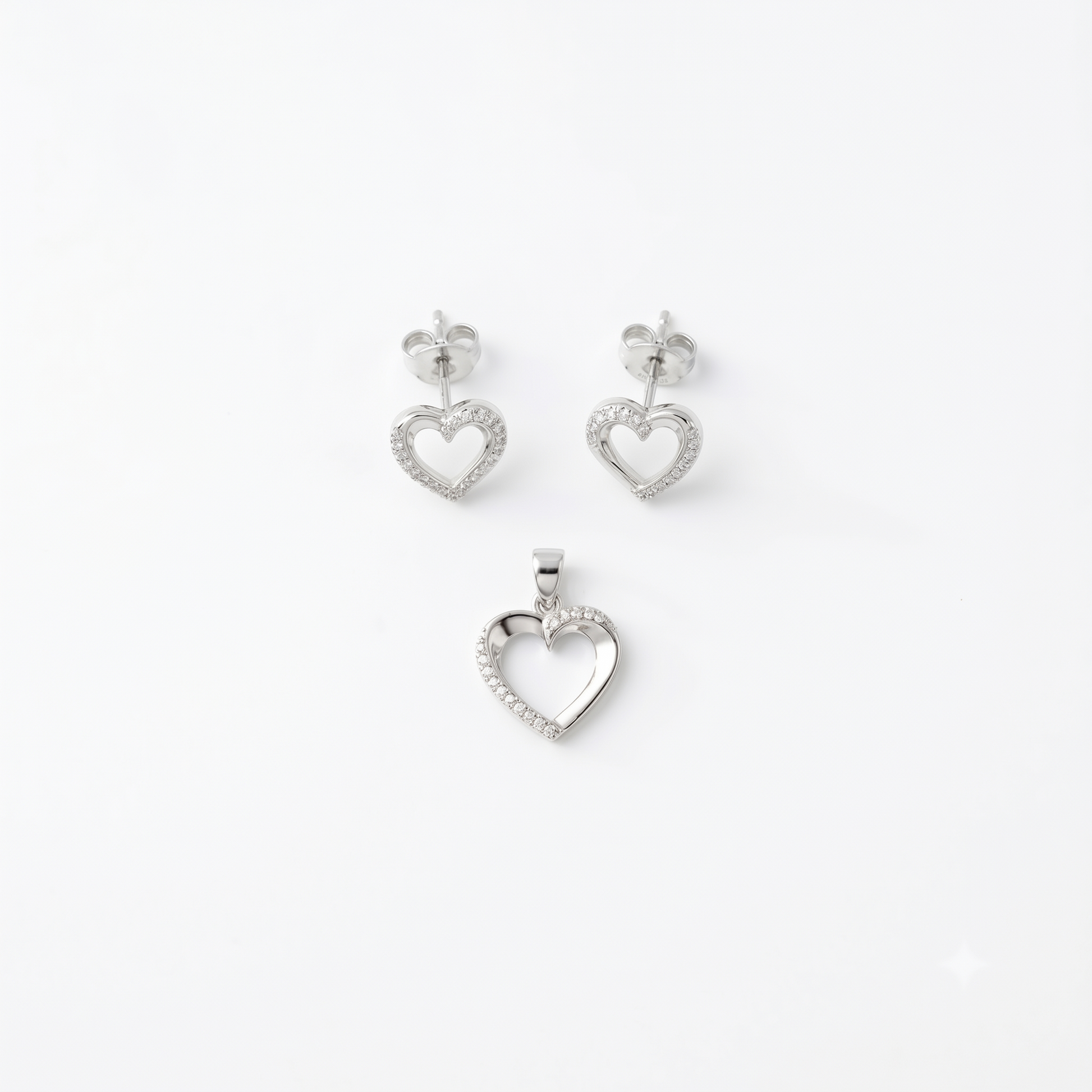 Silvme pure 925 sterling silver dainty heart pendant and stud earrings set with cubic zirconia, front view on white background