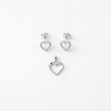 Silvme pure 925 sterling silver dainty heart pendant and stud earrings set with cubic zirconia, front view on white background