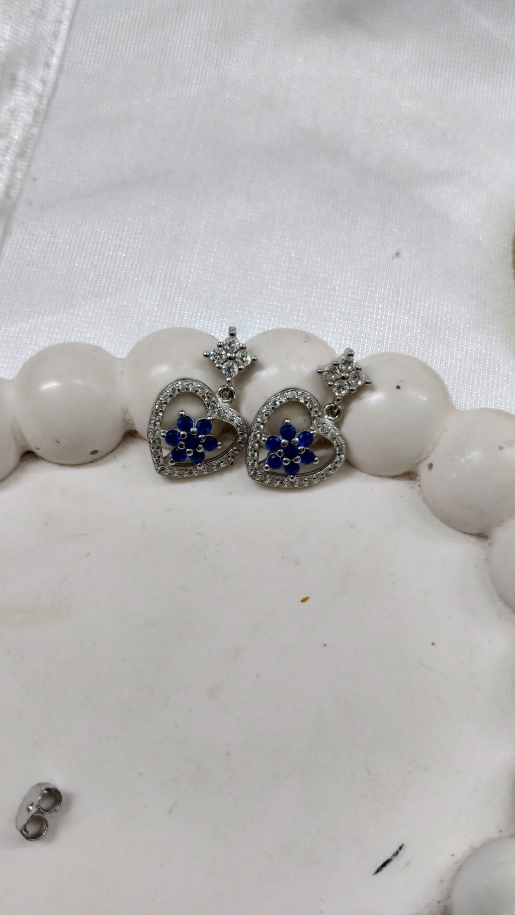 Silvme Pure 925 Sterling Silver Blue Sapphire Heart Drop CZ Earrings — Front View
