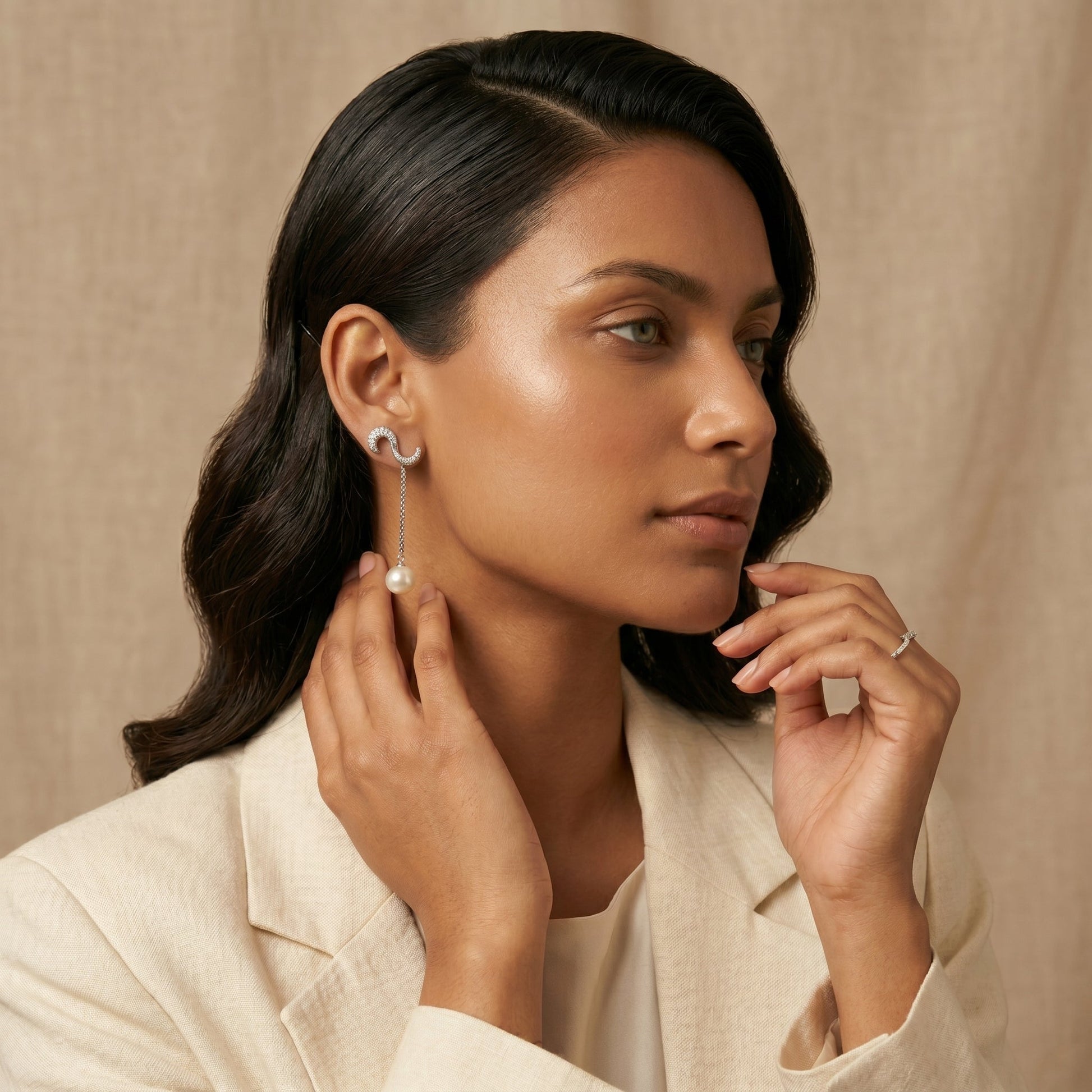 Pearl-Look Accent Drop S-Hook Ear Cuff Earrings, close-up detail, view 5