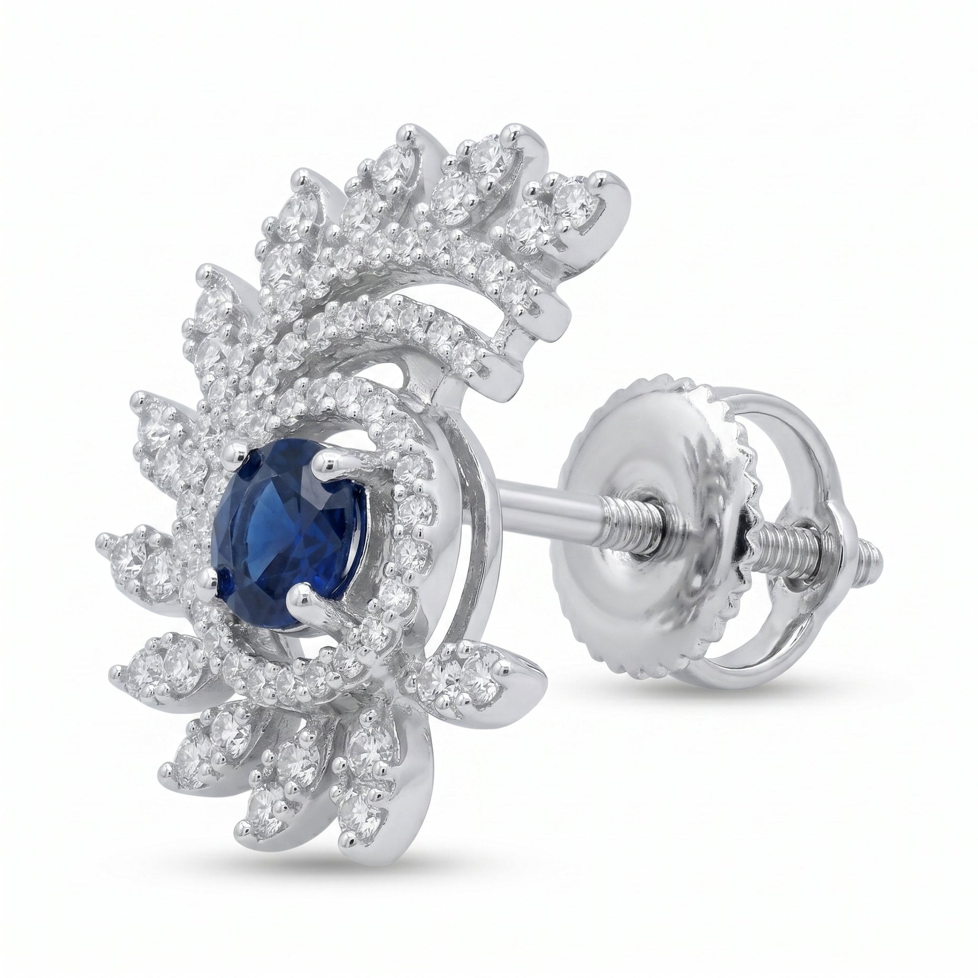 Blue Stone-Set Halo Feather-Leaf Stud Earrings, close-up detail