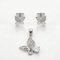 Silvme pure 925 sterling silver pink butterfly pendant and stud earrings set with pink cubic zirconia, front view on white background