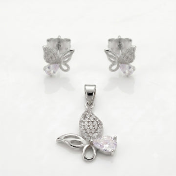 Silvme pure 925 sterling silver pink butterfly pendant and stud earrings set with pink cubic zirconia, front view on white background