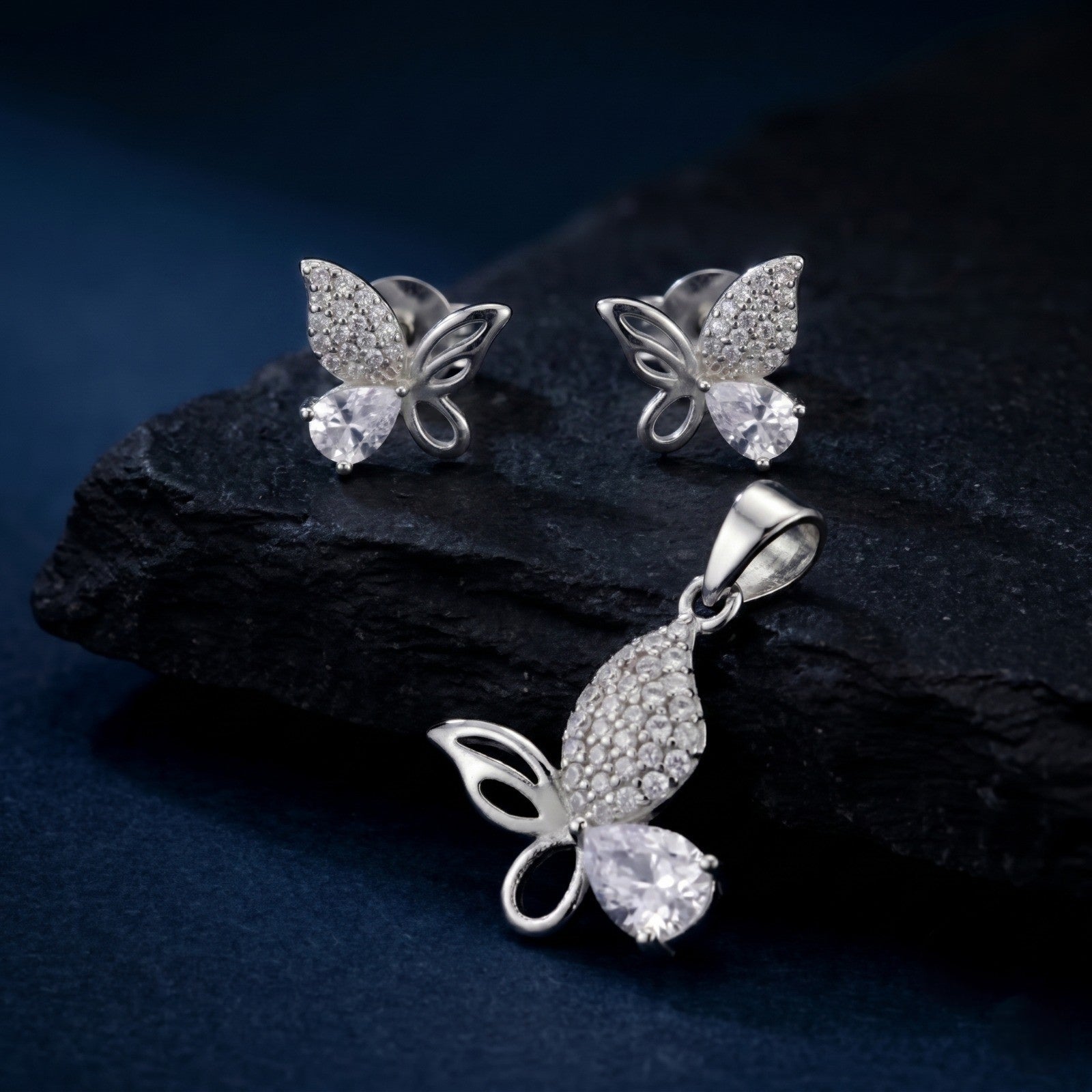 Silvme 925 silver pink butterfly pendant and stud earrings with pink cubic zirconia, detail sparkle shot