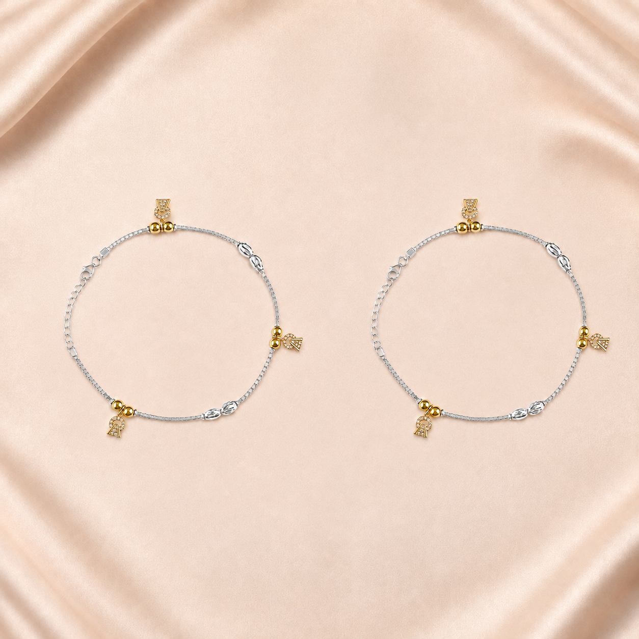Charm, bead and chain detail on the Silvme gold CZ charm 925 silver anklet payal