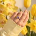 Purple oval stone halo ring for women in solid 925 sterling silver with a smooth, high-polish finish