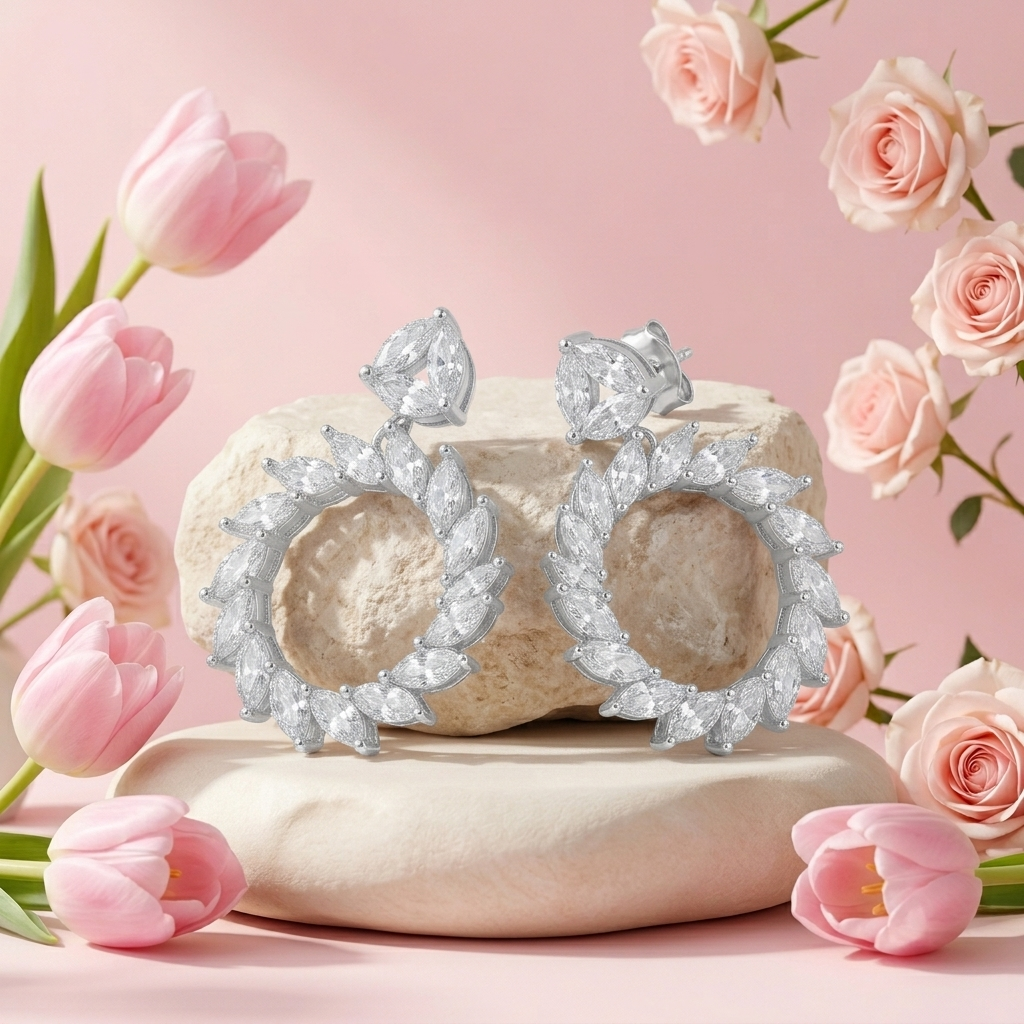 Oval Stone-Set Marquise Halo Drop Earrings, close-up detail