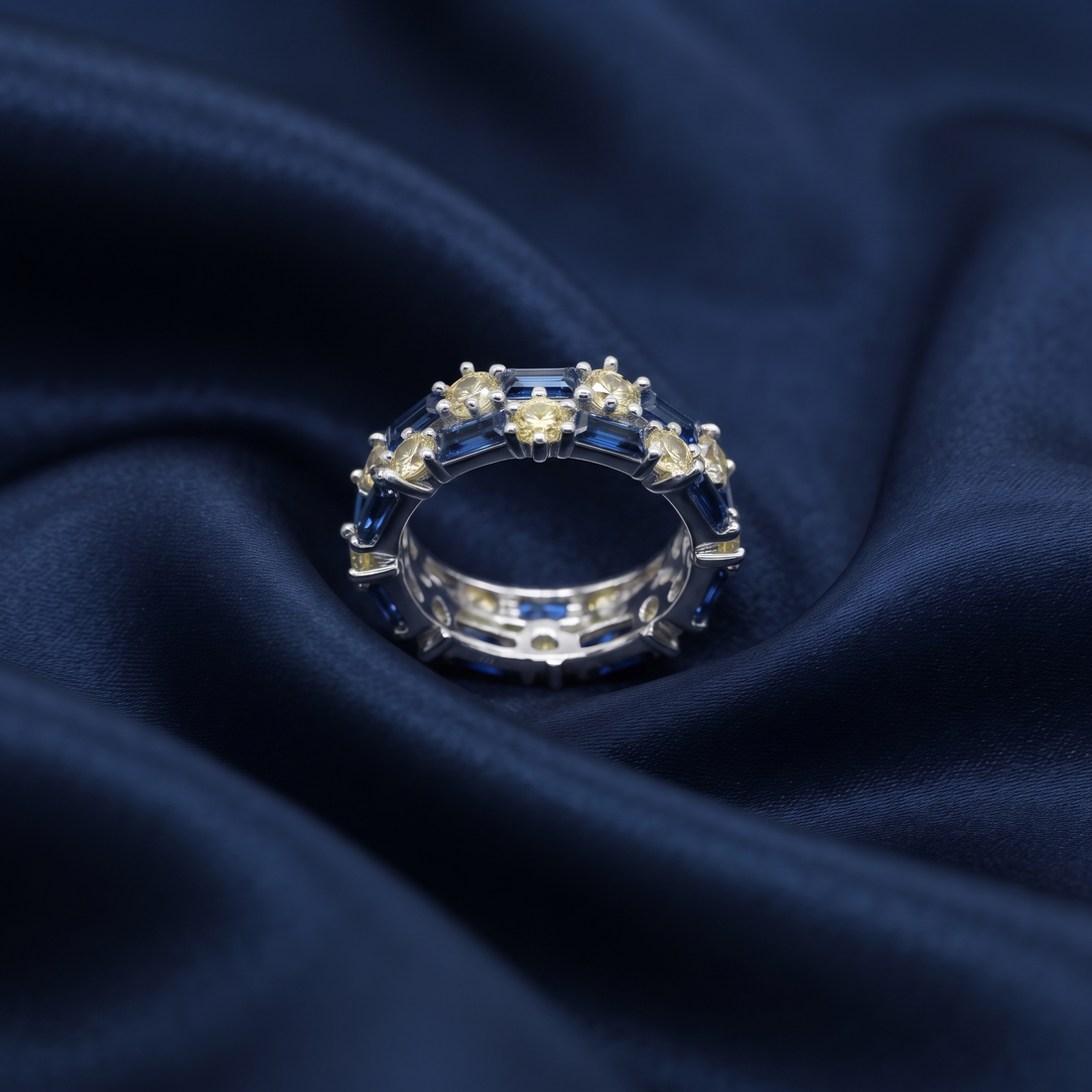 Silvme blue stone stackable 925 sterling silver ring for women with brilliant blue stones with gold-tone detail