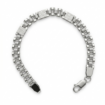 Silvme 925 sterling silver engraved panel link bracelet for men curved on a white background