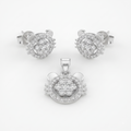 Silvme 925 sterling silver cat face pendant and stud earrings set with cubic zirconia, white background