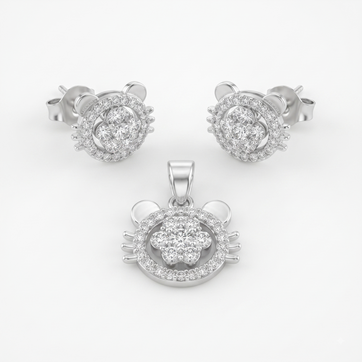 Silvme 925 sterling silver cat face pendant and stud earrings set with cubic zirconia, white background