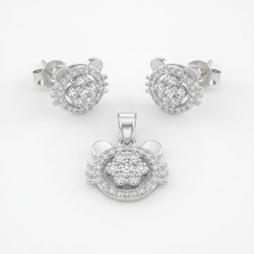 Silvme 925 sterling silver cat face pendant and stud earrings set with cubic zirconia, white background