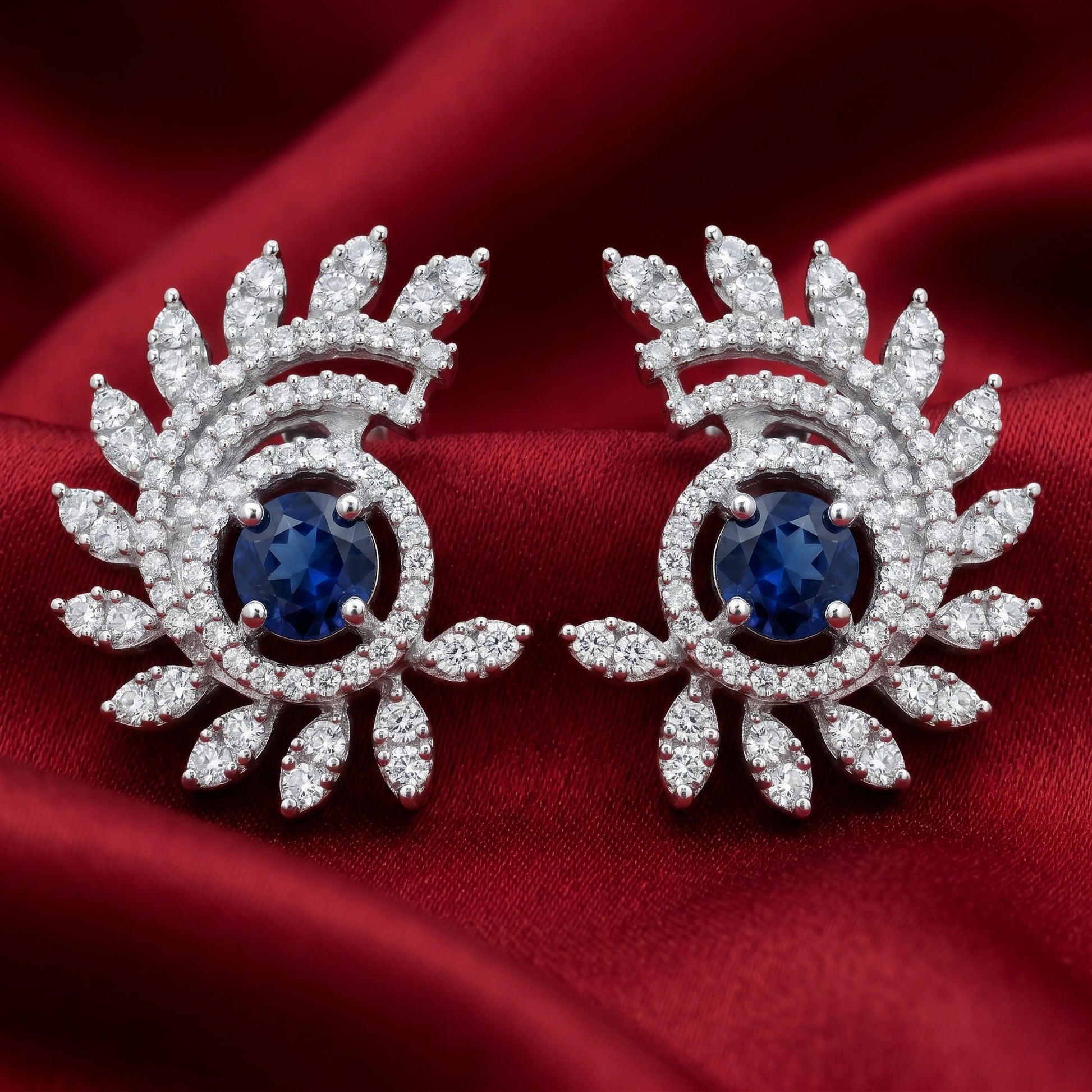 Blue Stone-Set Halo Feather-Leaf Stud Earrings, additional product view 9