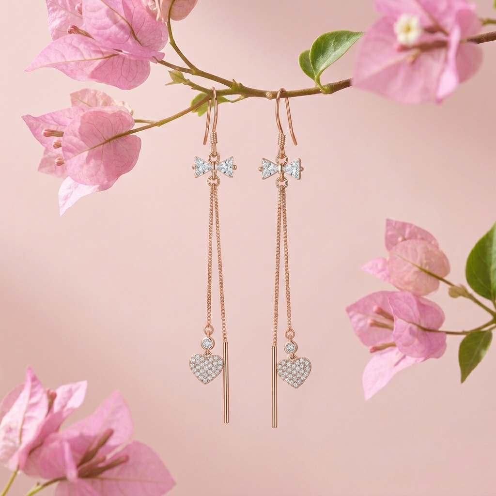 Silvme Pure 925 Sterling Silver Rose Gold CZ Bow Ribbon Pearl Heart Drop Earrings — View 3
