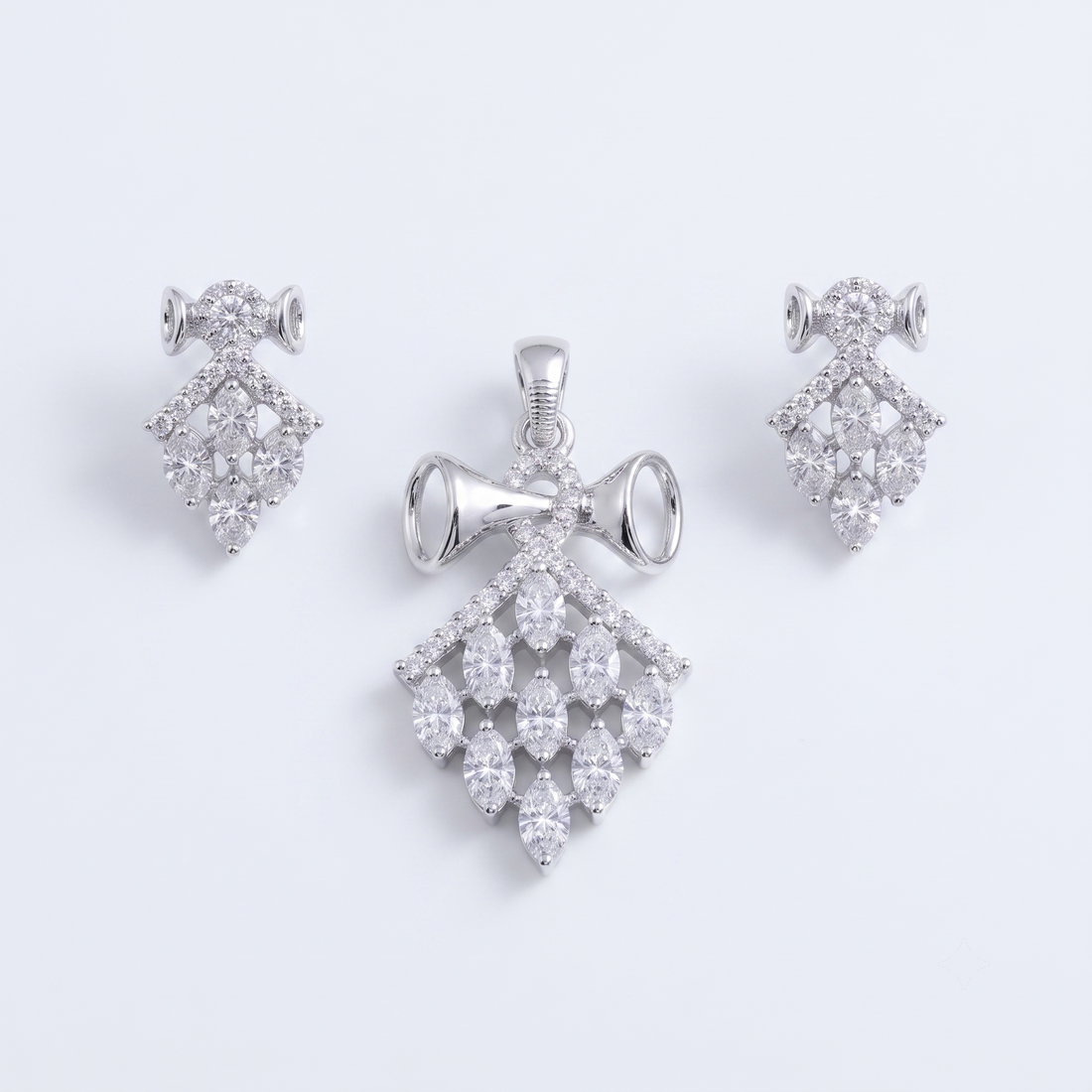 Silvme pure 925 sterling silver kite cluster pendant necklace and drop earrings set with cubic zirconia, styled setting image