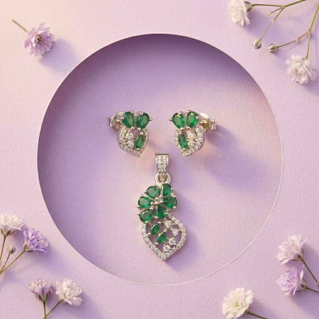 Green Floral 925 sterling silver pendant and stud earrings jewellery set with green cubic zirconia by Silvme â€” angled studio view