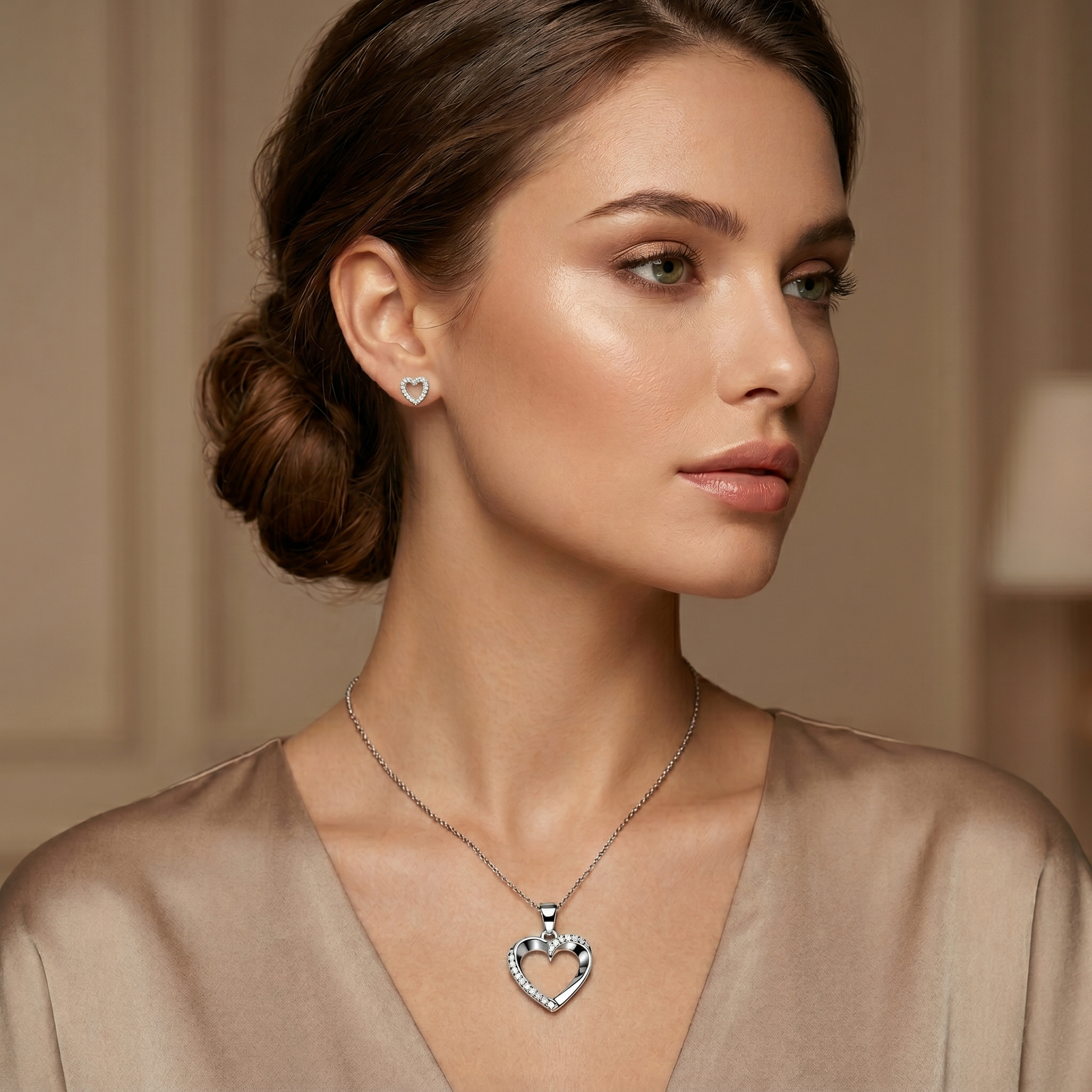 Silvme pure 925 sterling silver dainty heart pendant and stud earrings set with cubic zirconia, gift styling view