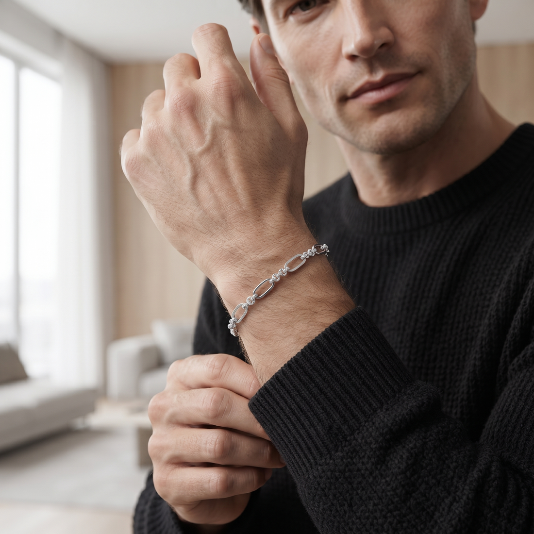 Silvme 925 sterling silver oval and bead link bracelet for men laid flat on a white background