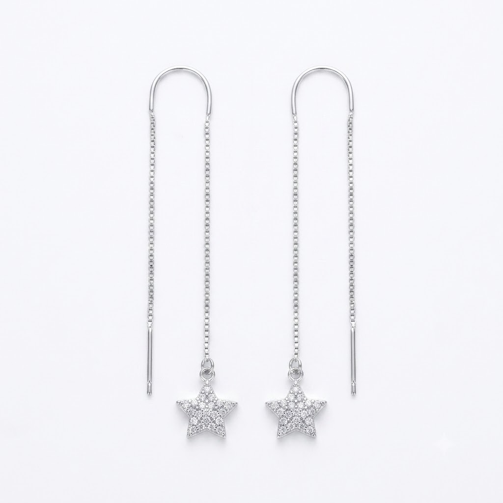 Stone-Set Pave Star Charm Threader Earrings, front product view