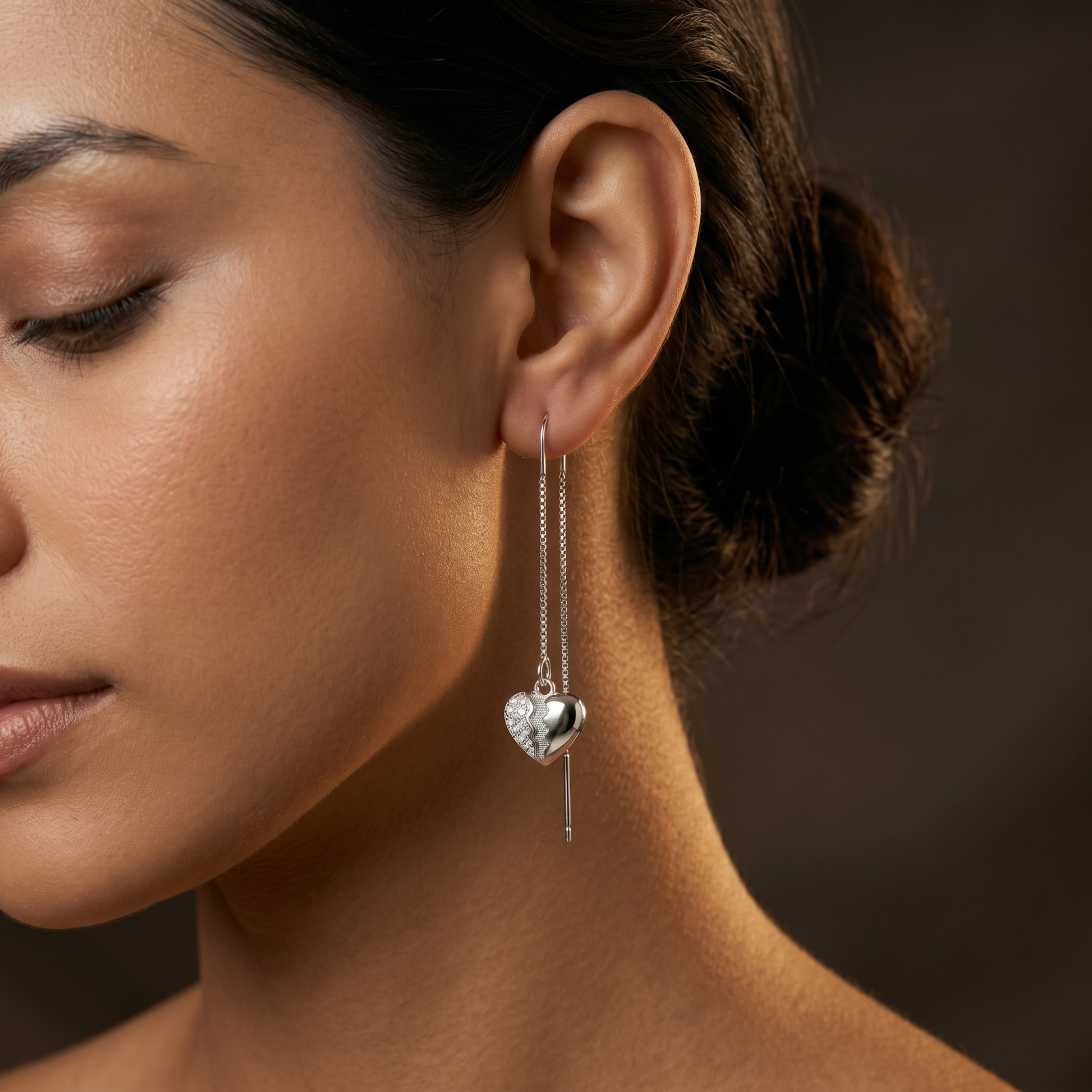 Split Heart Pave Stone-Set Threader Earrings, additional product view 6