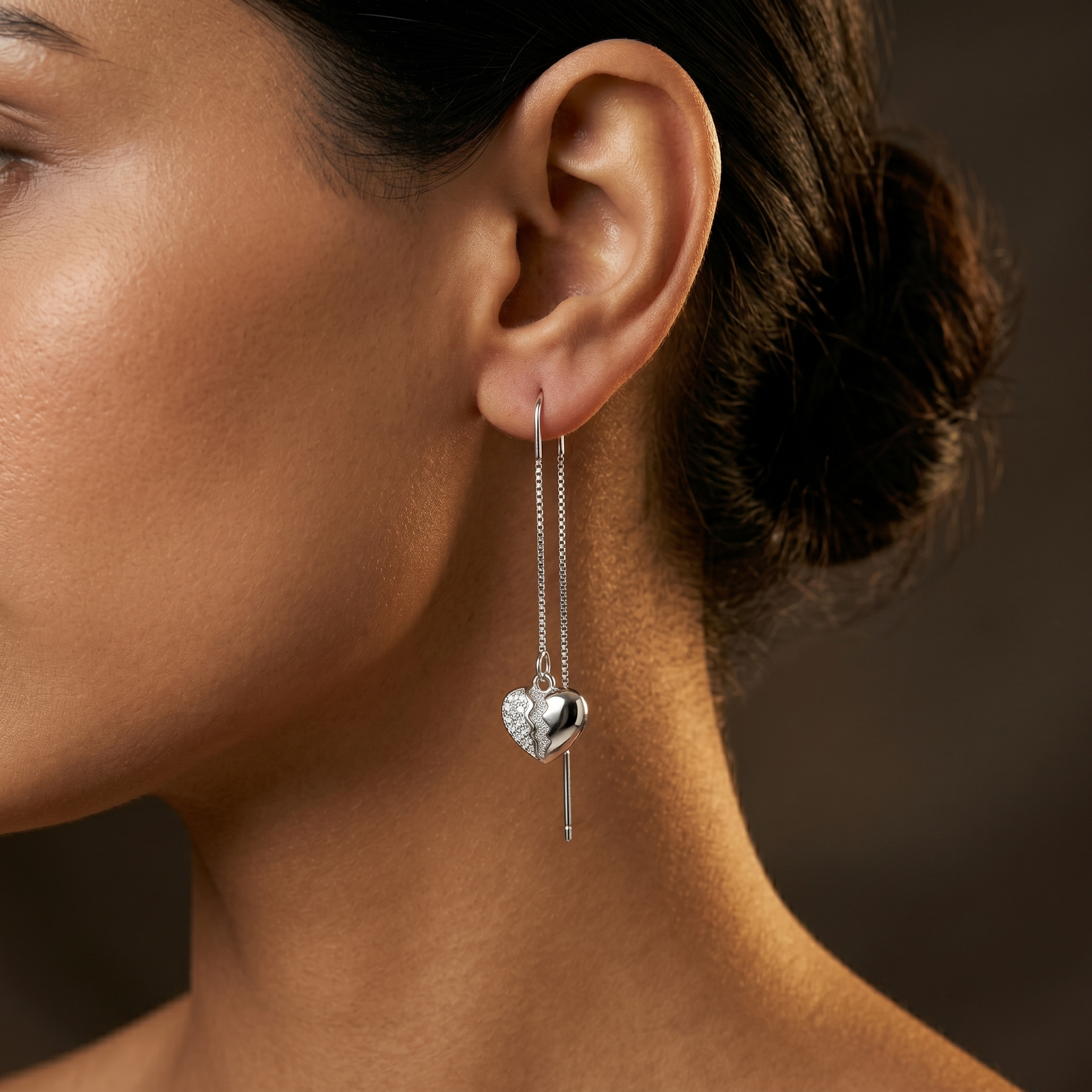 Split Heart Pave Stone-Set Threader Earrings, additional product view 3