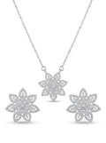 Floral Flower 925 sterling silver pendant necklace and stud earrings jewellery set with cubic zirconia by Silvme â€” styled view