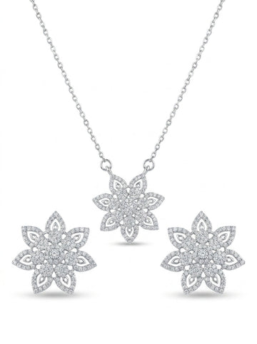 Floral Flower 925 sterling silver pendant necklace and stud earrings jewellery set with cubic zirconia by Silvme â€” styled view