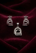 Minimalist Arch 925 sterling silver pendant and stud earrings jewellery set by Silvme â€” angled studio view