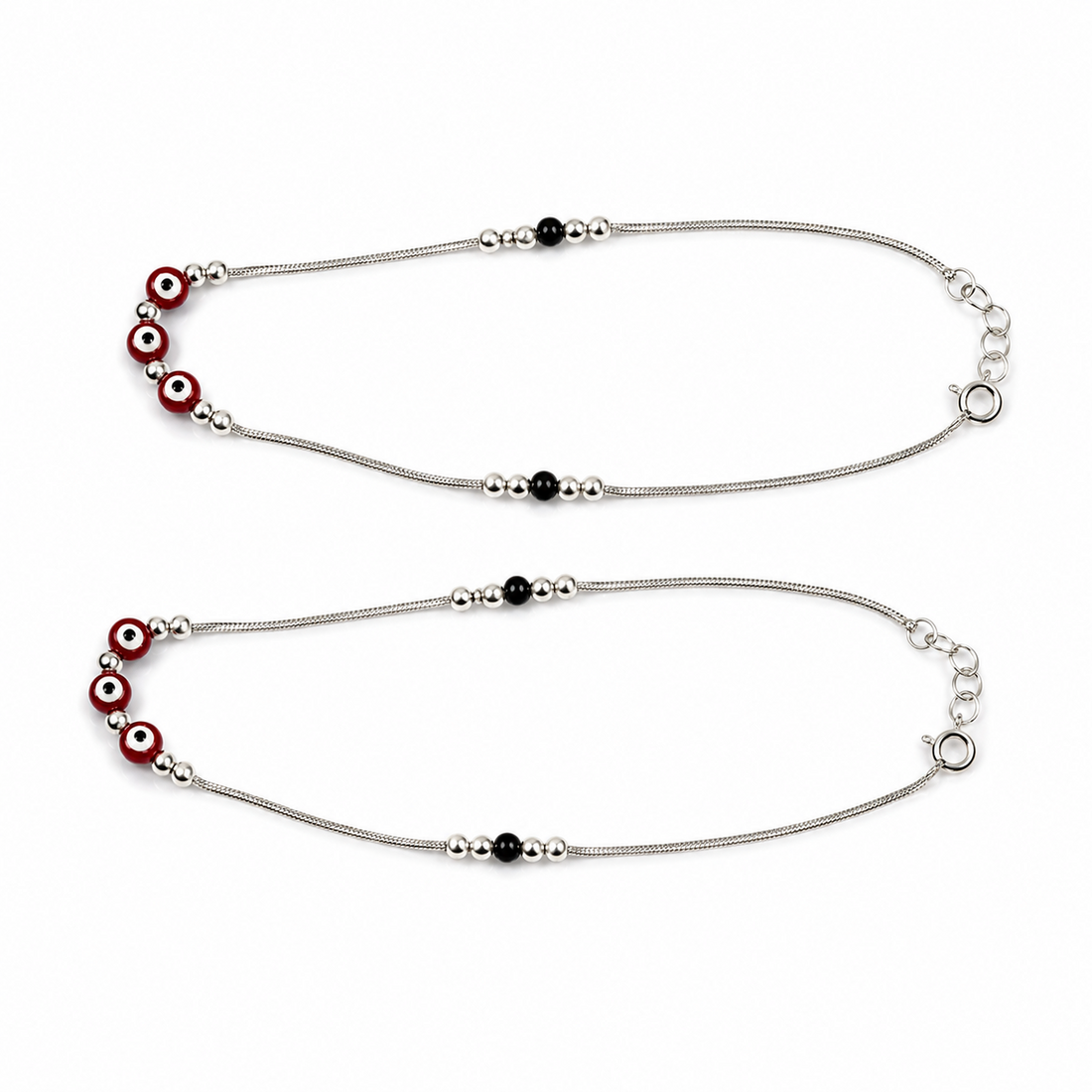Silvme 925 sterling silver evil eye & black bead anklet with red evil-eye and black beads on a snake chain, white background full view