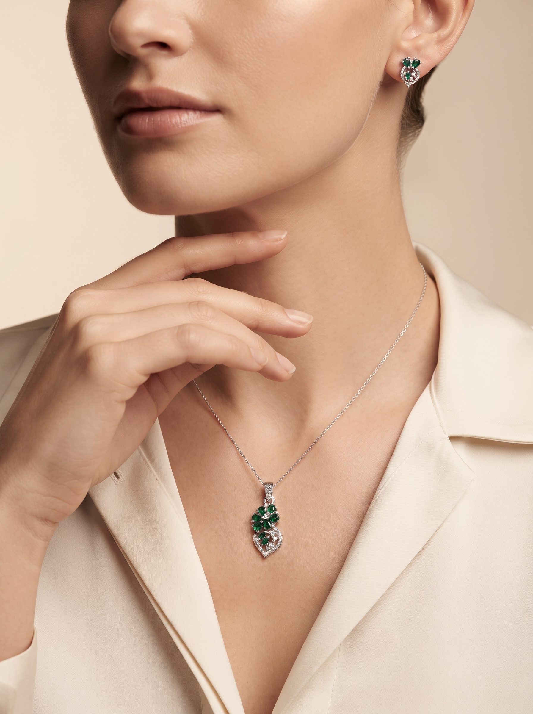 Silvme 925 silver green floral pendant and stud earrings with green cubic zirconia, styled product image