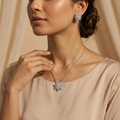 Silvme pure 925 sterling silver floral flower pendant necklace and stud earrings set with cubic zirconia, front view of the complete set