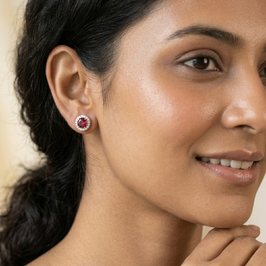 Red Round Halo Stud Earrings, additional product view 6
