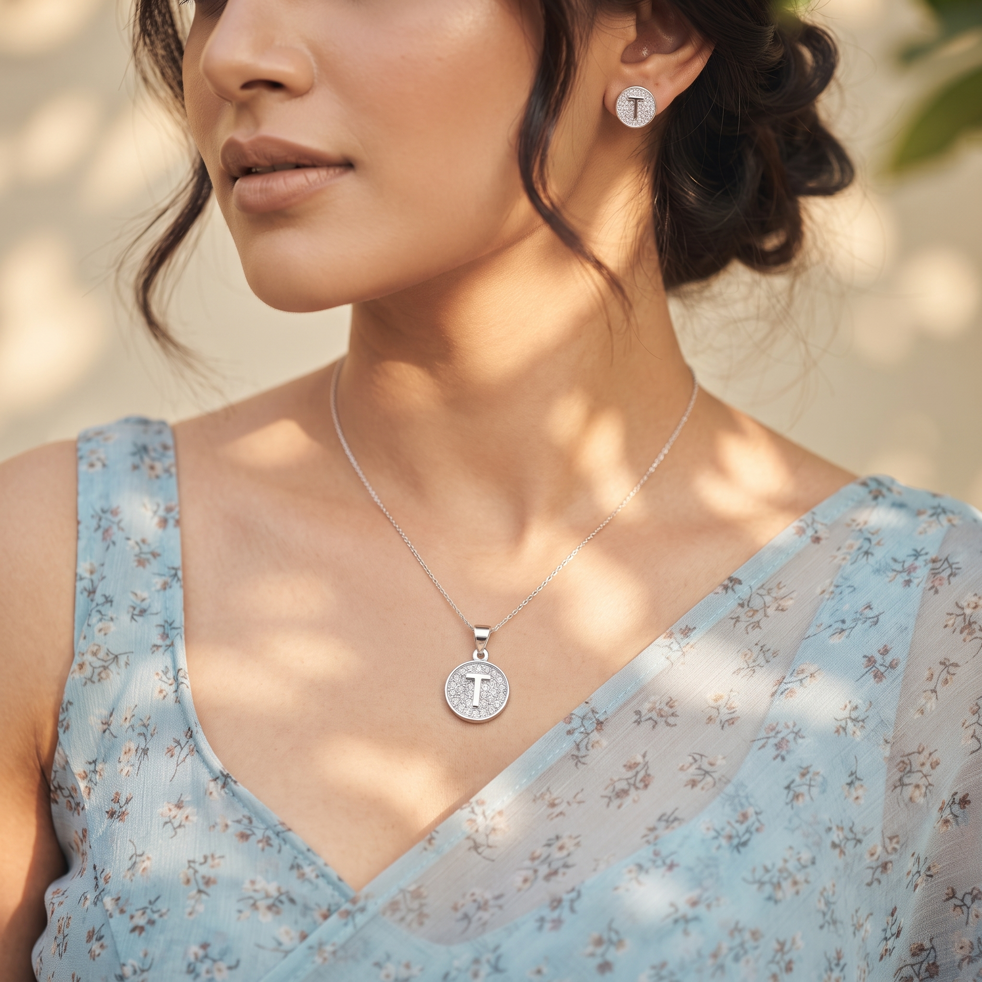 Silvme pure 925 sterling silver initial t pendant necklace and stud earrings set with cubic zirconia, styled product image