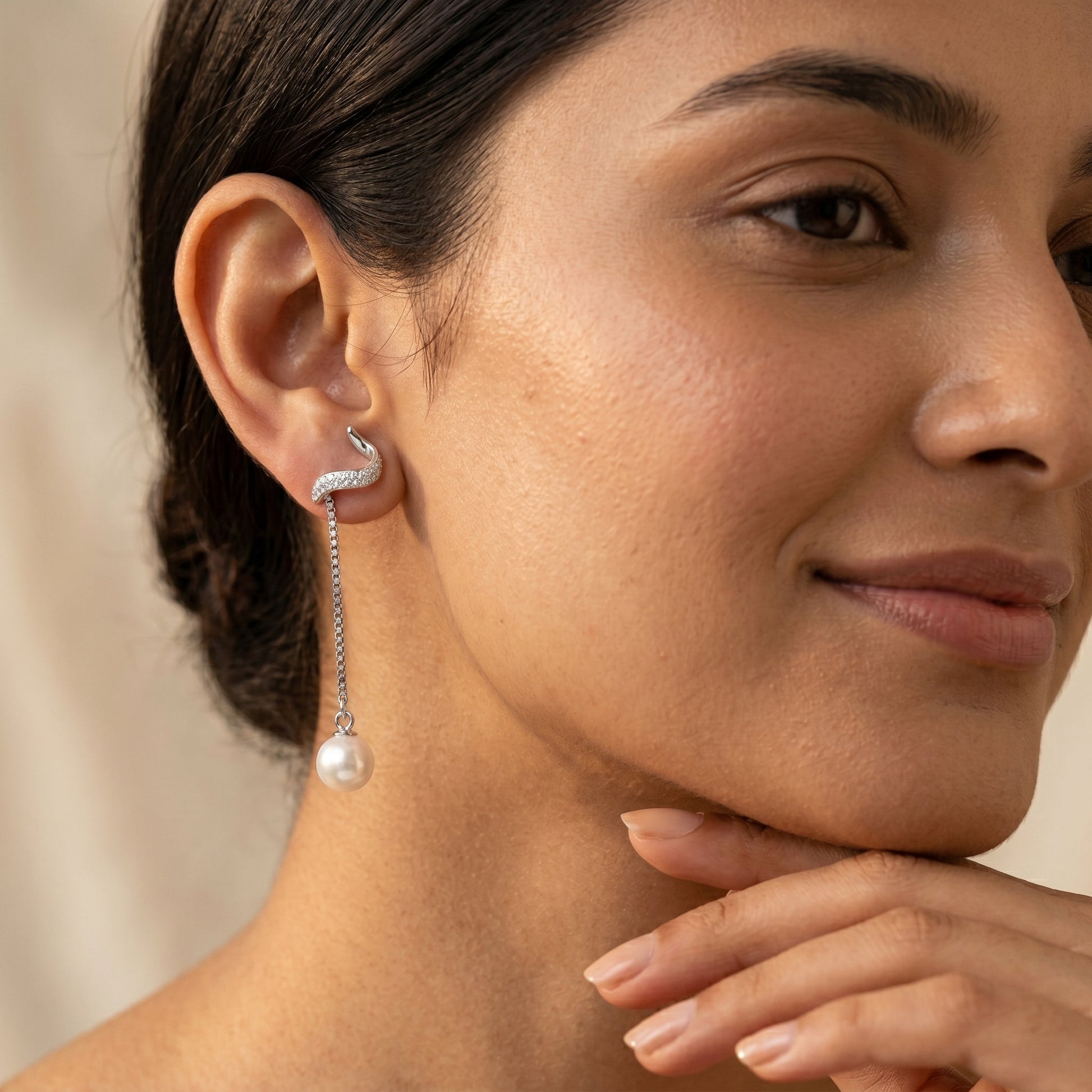 Convertible Pearl-Look Accent Drop Wavy Stud Earrings, additional product view 8