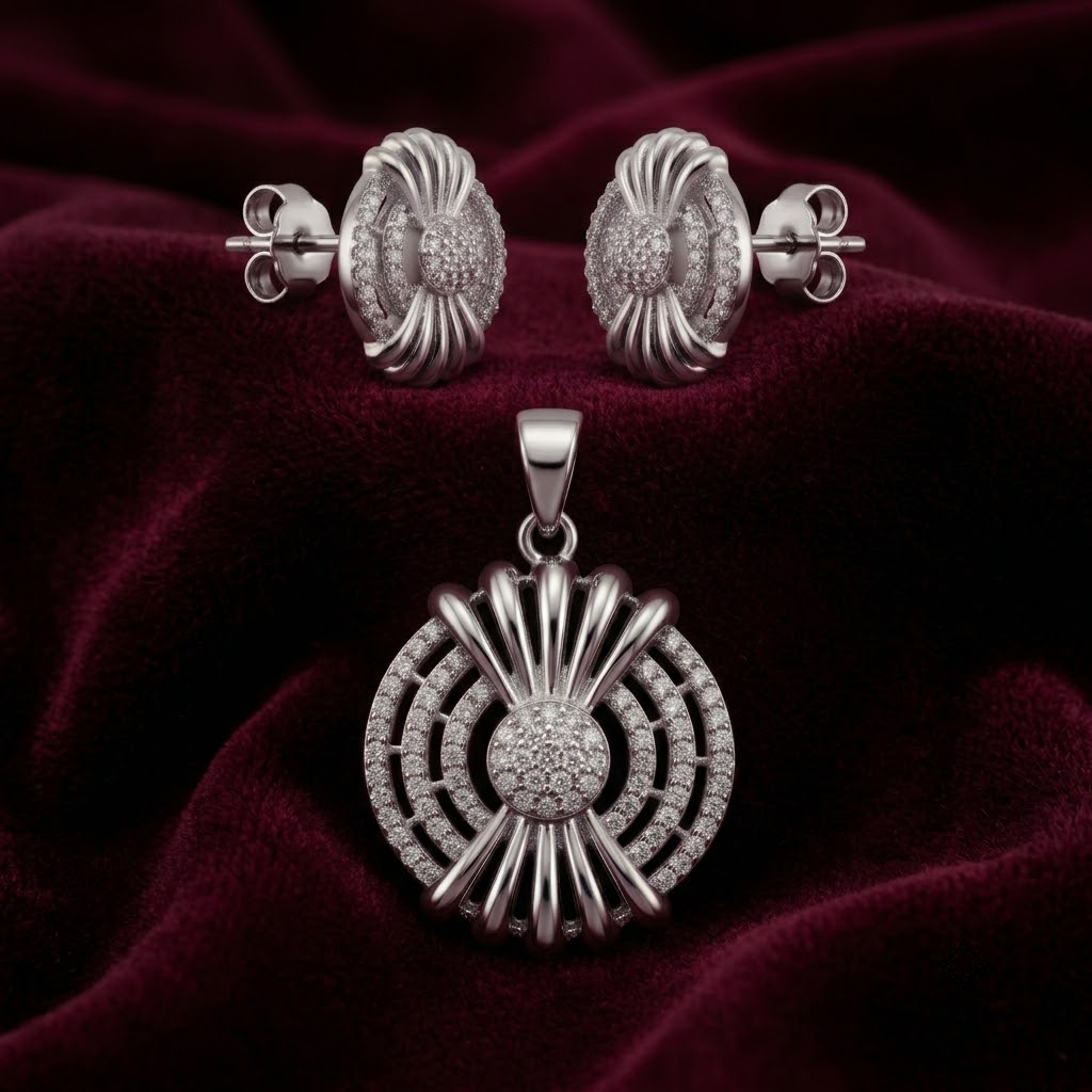 Silvme 925 silver starburst medallion pendant and stud earrings with cubic zirconia, close-up detail