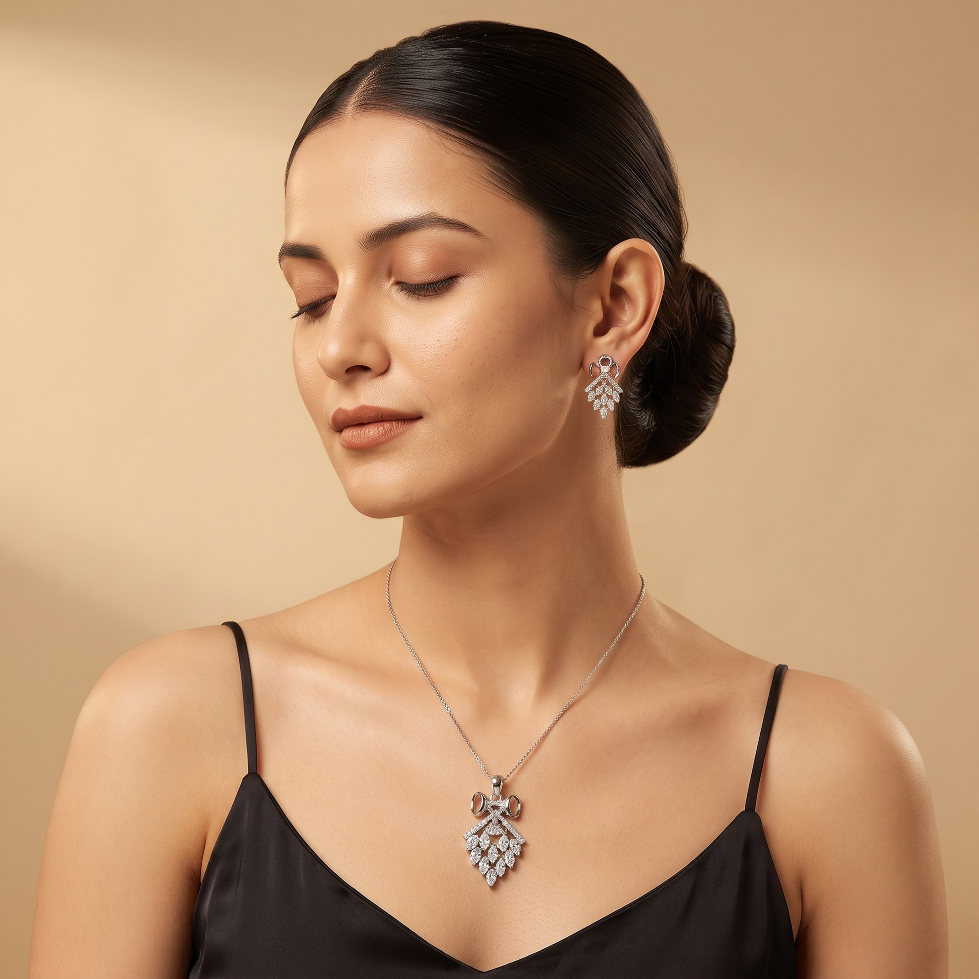Silvme 925 silver kite cluster pendant necklace and drop earrings with cubic zirconia, model styling view