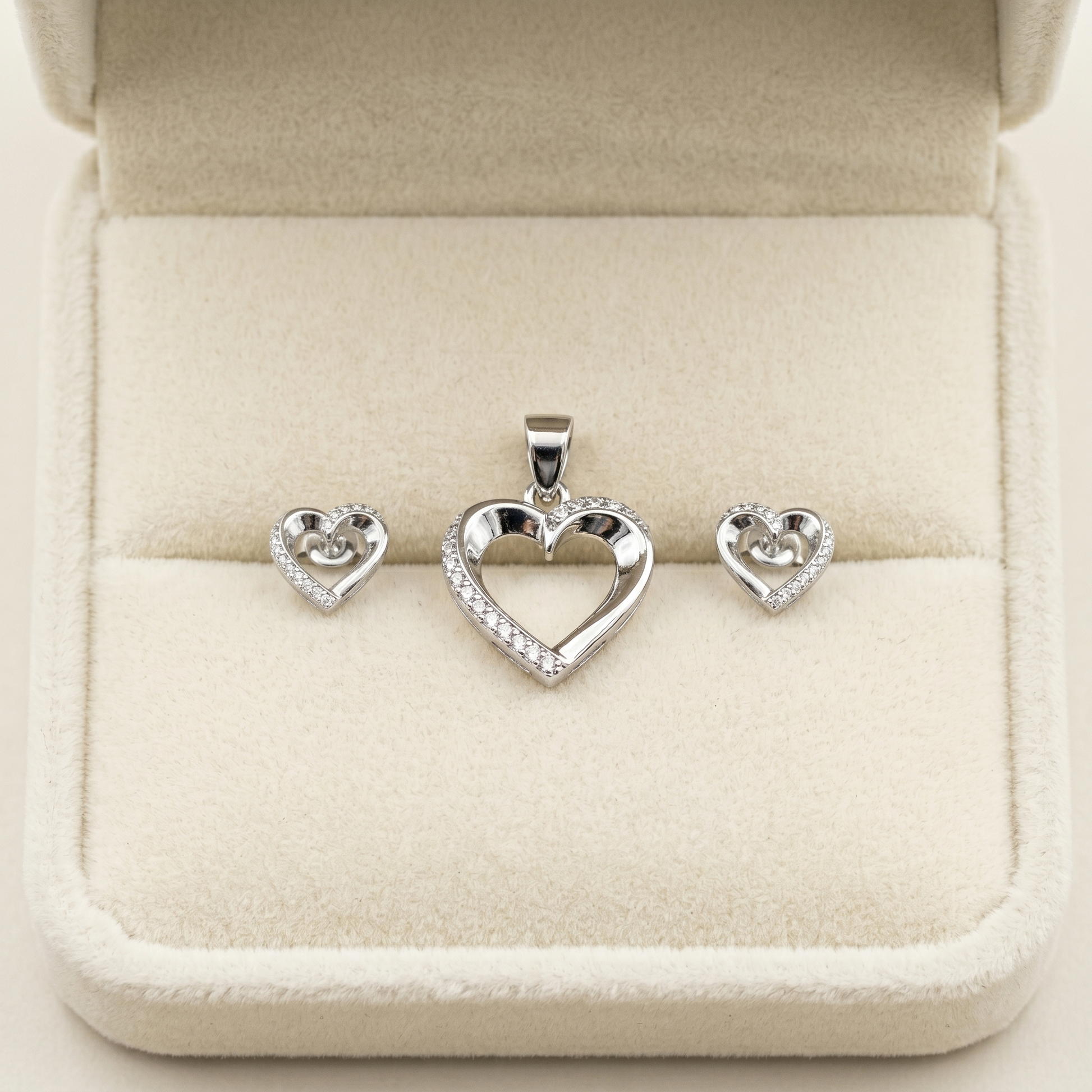 Silvme 925 silver dainty heart pendant and stud earrings with cubic zirconia, styled lifestyle image