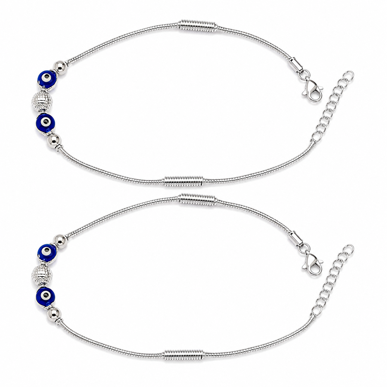 Charm, bead and chain detail on the Silvme blue evil eye snake chain 925 silver anklet payal