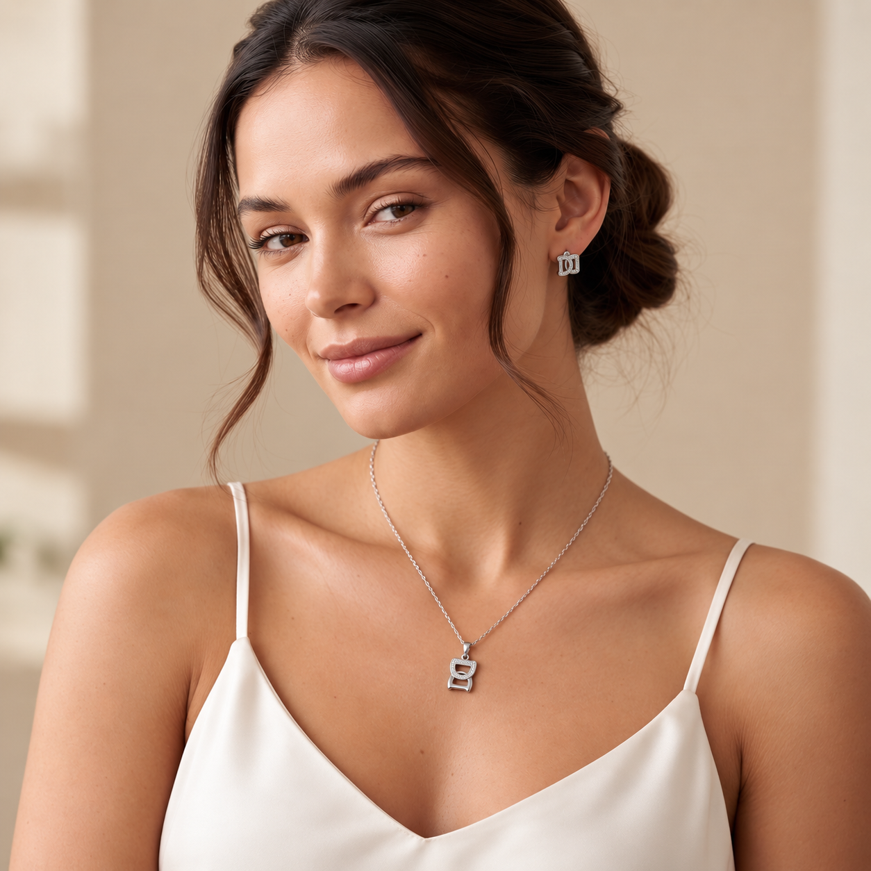 Initial D 925 sterling silver pendant necklace and stud earrings jewellery set with cubic zirconia by Silvme â€” styled product image