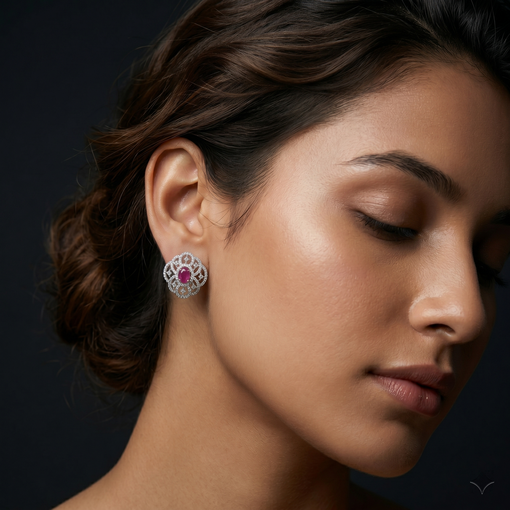 Pink Oval Filigree-Halo Stud Earrings, additional product view 4